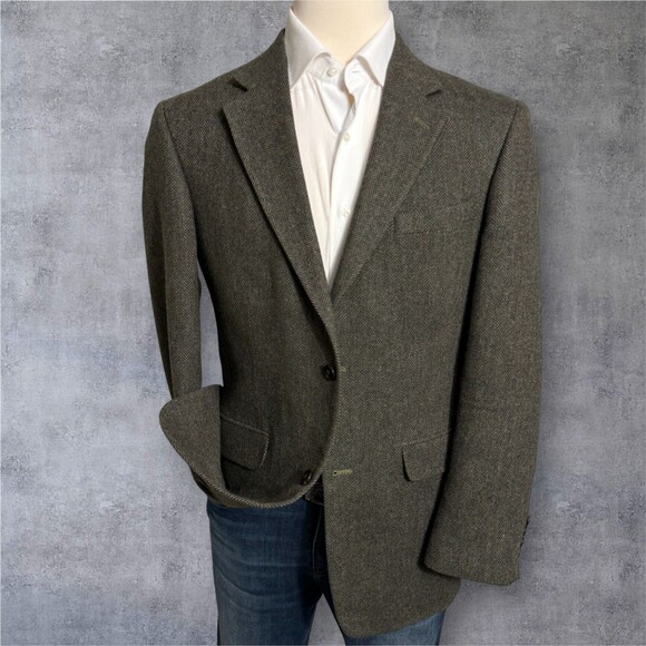 Vintage LANDS END TWEED WOOL Mens Blazer 40L Sport Coat Jacket Green Herringbone - Picture 3 of 14